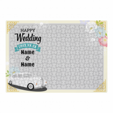 ウエディングカーと花のイラスト入りジグソーパズルをオリジナルでプリント　結婚祝いのテンプレート　ジグソーパズル（A3横型）の無料デザインテンプレート